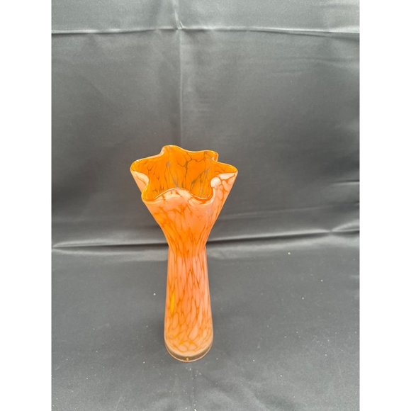 Beautiful Orange White Blown Glass Vase Marked Japan Ruffled 10" - Picture 2 of 5